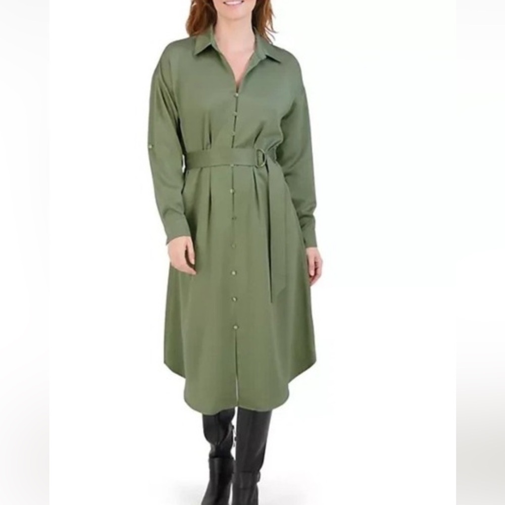 Button-Front Shirt Dress with Tie Belt - Olive Green